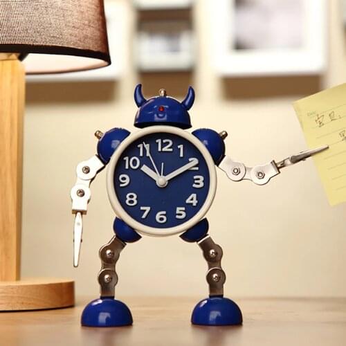 Non-Ticking Robot Alarm Clock Metal Wake-up Clock with Flashing Eye Lights and Hand Clip, Kids Table Clock for Home Deocration