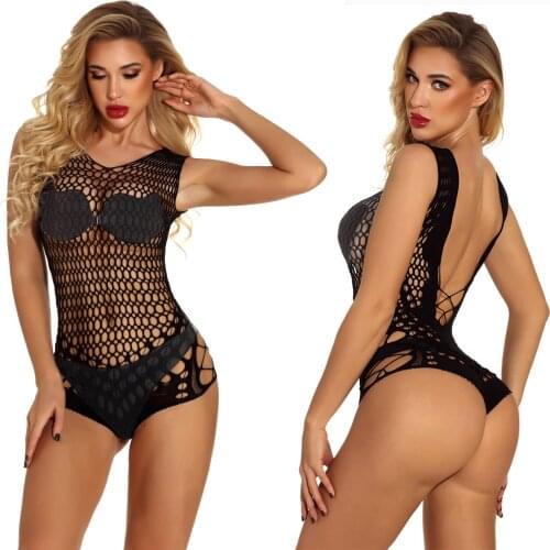 2020 New Sexy Lingerie Fishnet Open Crotch Bodysuits See through Suspenders Lace Sexy Halter Underwear Nightwear Costumes