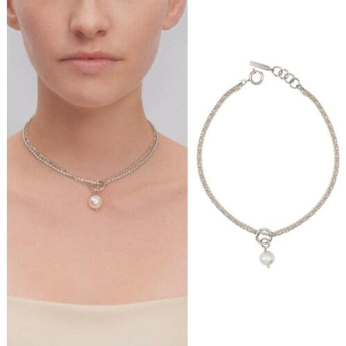 New short necklace female yellow rhinestone chain cross big pearl pendant double clavicle chain