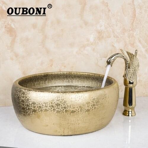 OUBONI Tall Golden Swan Basin Tap Bathroom Set Sink Washbasin Ceramice Lavatory Bath Sink Combine Set Torneira Tap Mixer Faucet