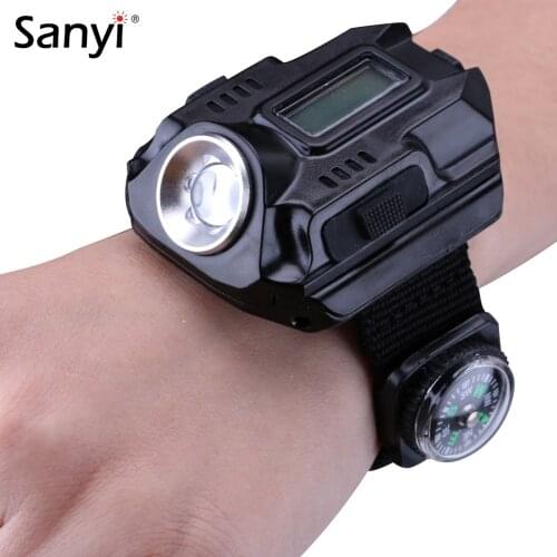 Sanyi R2 LED Wrist Watch Flashlight Torch Portable Light USB Charging 4-Mode Light Tactical Flashlight Time Display With Compass