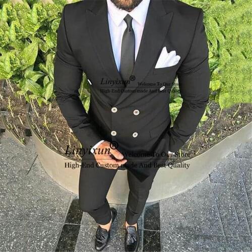 Double breasted Black Suits Men Slim Fit Groom Wear Wedding Tuxedo Costume Homme Groomsmen Blazer Pants 2 Piece (Jacket+Pants