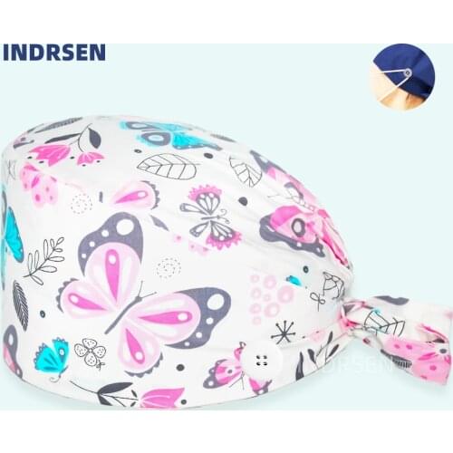Adjustable Working Scrub Cap Butterfly Printed Unisex Tie Back Dust proof Caps Absorb sweat Surgeon Dentist Surgicals Hat