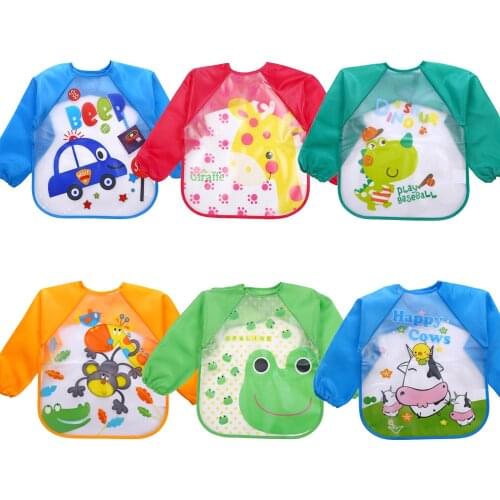 Long Sleeve Bibs Toddler Kids Boys Girls Cartoon Long Sleeve Waterproof Feeding Apron Bib Smock Cartoon Animals Children Aprons