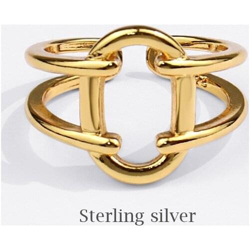925 Sterling Silver INS Golden Punk Hip hop Style Adjustable Open Rings for Female Girls Birthday Party Accessories Gifts SR237