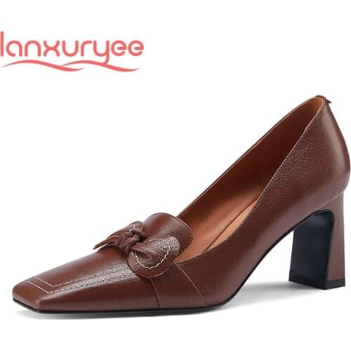 Lanxuryee sheep leather square toe high heels retro fashion bowtie French romantic pretty girls dating slip on women pumps L01