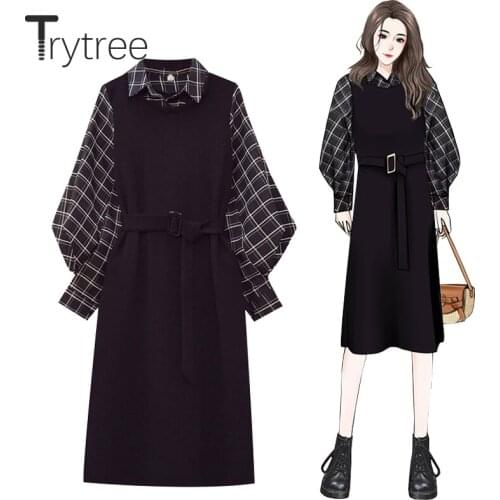 Trytree 2021 Spring Womens Dress Casual Fake Two Pieces Turn-down Collar Plaid Lantern Sleeve Patchwork Knitted Shirt Dress