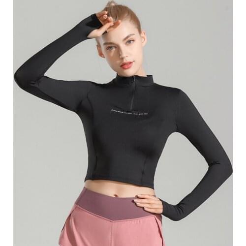 Women Sport Tee Shirt with Zipper Thumb Holes 8176 Slim Daily Running Yoga Crop Tops