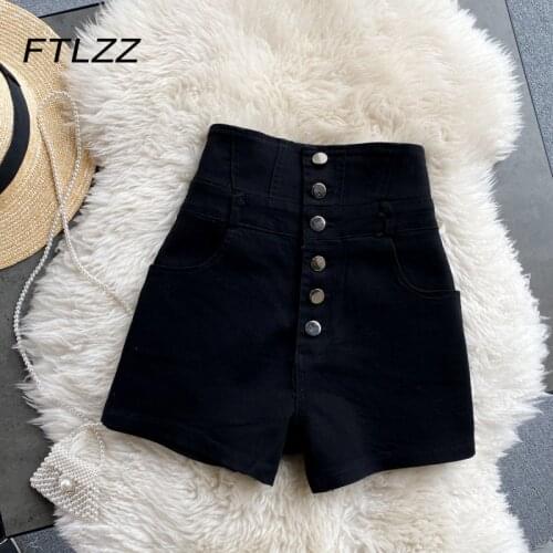 Woman Summer Vintage Black Jeans Shorts New 2021 Women Button Fly Single-breasted High Waisted Black Jeans Female Skinny Pants