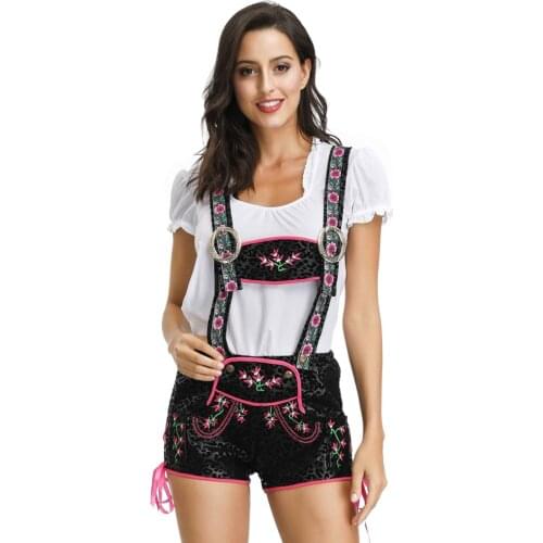 Ladies Oktoberfest Lederhosen Costume Outfit German Fancy Dress Beer Maid Wench Cosplay Clothes Hat Top Suspender Pants