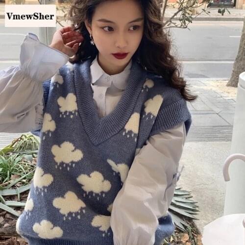 VmewSher New Spring Cloud Pattern Blue Women Vest Fashion V Neck Sleeveless Sweater Fashion Autumn Knitted Pullover Jumper Tops