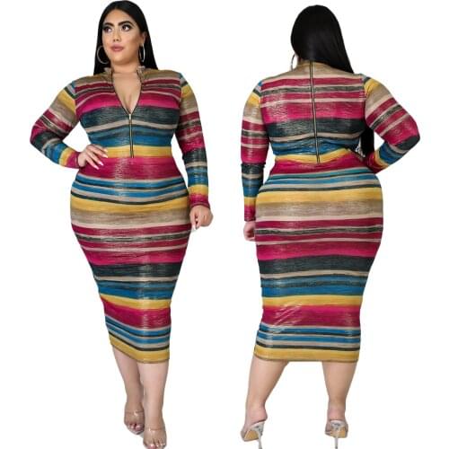 Womens Loose Hot Elastic Tight-Fit Striped Bronzing Comfortable Dress Fashion Long-Sleeve Zipper Daily Commut Club Long Skirt