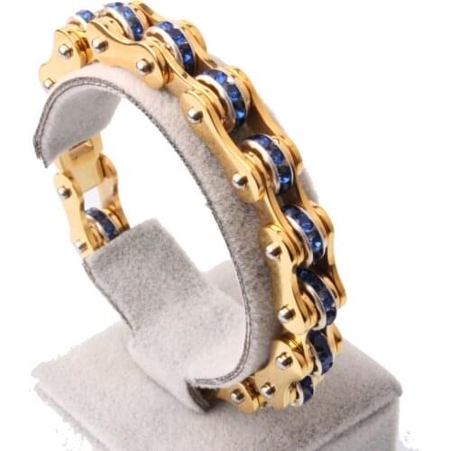 9mm Personality Design Hot Stainless Steel Gold Blue Crystal Bicycle Link Chain Bracelet Mens Womens Biker Daily Jewelry 8inch