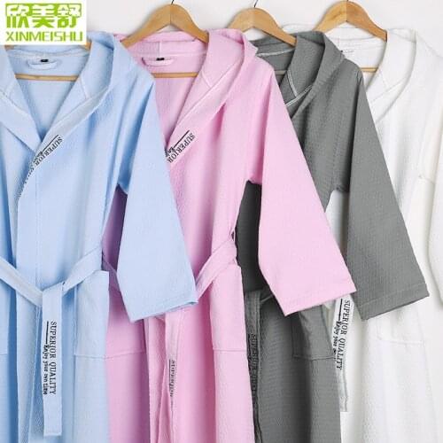 Hotel Bathrobes 100% Cotton Waffle Spring Summer Men Women Thin Couples Hooded Bathrobes Absorbent Cotton Nightgown Sleepwear