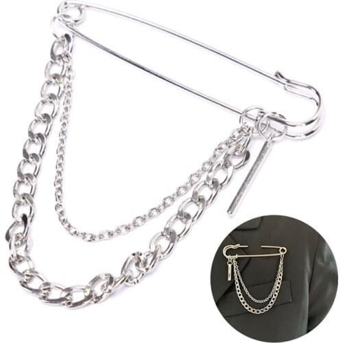 1PCS Punk Tide Cool Chain Pin Brooch Street Fashion Metal Decoration Punk Hip Hop Clothing Men Accessories