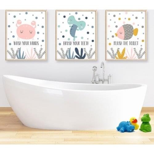 Bathroom Prints for Kids Brush Your Teeth Wash Your Hands Quotes Cartoon Cute Canvas Painting Wall Art Poster Decorative Picture