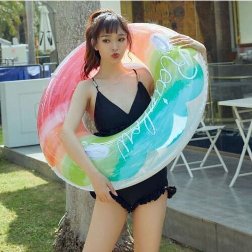 Kids Adult Inflatable Swimming Circle Thickened Pvc Rainbow Pattern Swimming Circle Swimming Pool Toys Water Seat Toys for Child