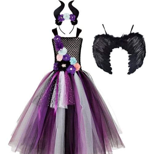 Maleficent Evil Queen Girls Tutu Dress Horns Headband Halloween Cosplay Witch Costume for Girls Kids Party Flower Dresses 0-12Y