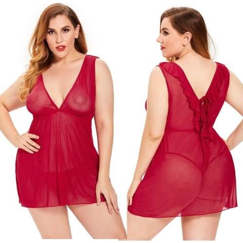 Red XL-XXXXL Lace Nightgown Women Sleepwear Pyjamas Negligee Nightdress Sexy Bathrobe Female Babydoll Home Clothes Nightgown