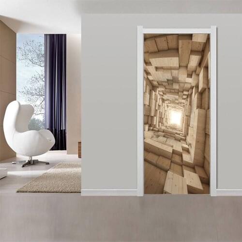 Creative environmental protection 3D wood space door stickers refurbished self-adhesive bedroom wall stickers