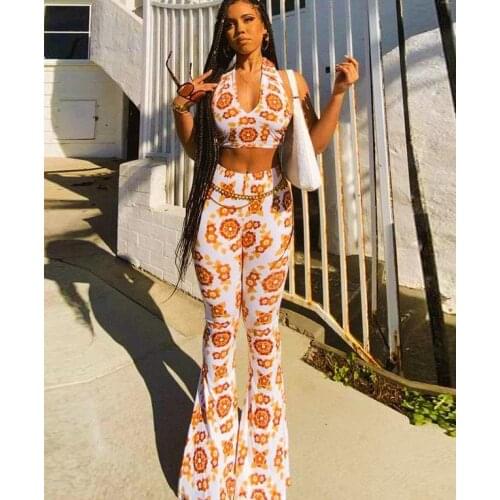 Summer New Women Casual Two-Piece Clothes Fashion Stand-Up Collar Hanging Neck Cropped Vest And Low-Waist Flared Pants Suit