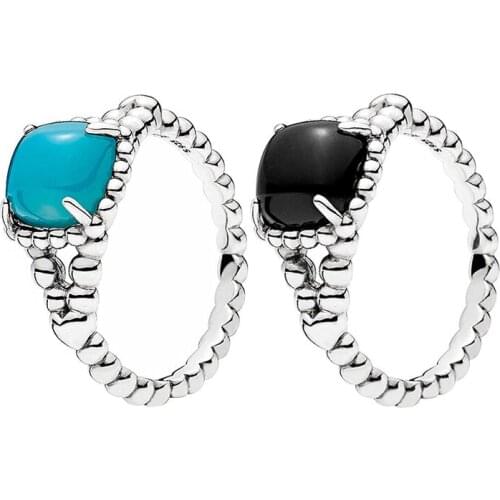 Lomeo 100% 925 Sterling Silver High Quality Obsidian Turquoise Square Polka Dot Ring Fashion Exquisite Womens Jewelry Gift