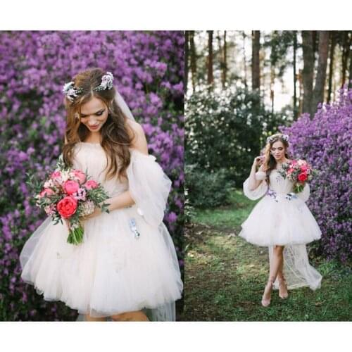 Sweet Ivory Tulle Knee Length Women Garden Dresses Off The Shoulder 3D Flower A-line Women Dress Honeymoon Dress