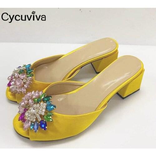 Summer Chunky Block Heels Mules Crystal Women Slippers Peep Toe Slides High Heel Party Dress Ladies Shoes 2021 Yellow Slippers