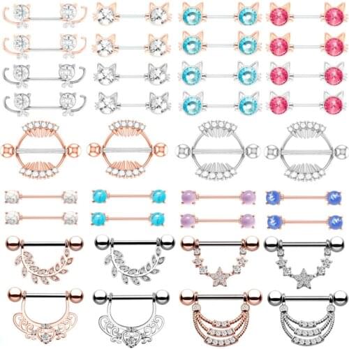 2PCS Stainless Steel Cat Nipple Piercing Jewelry 14G Crystal Nipple Piercing Bar Sexy Nipple Ring Set Body Piercing Jewelry Lot