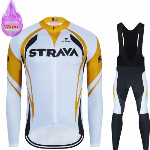 New Strava Team Winter Thermal Fleece Cycling Clothes Men Long Sleeve Jersey Suit Outdoor Riding Bike MTB Clothing Bib Pants Set