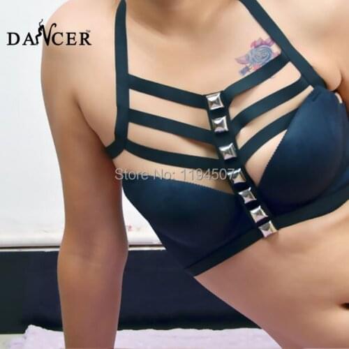 NEW Collar Bra Harness Cage Bra Bondage Bows elastic body black fashion personality