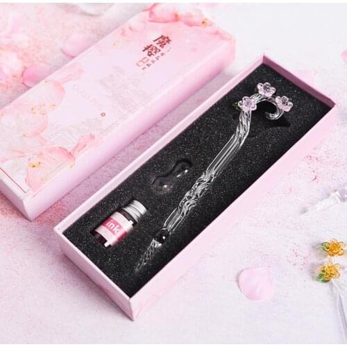 1 Set Eco-friendly Multi-color Writing Pen Easy to Use Flower Design Portable Glass Crystal Writing Dip Pen for Student Gift
