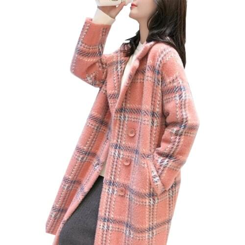 Womens Autumn Winter Jackets 2021 New Plaid Imitation Mink Velvet Coat Loose Large Size Mid Long Woolen Coat Female Outerwear