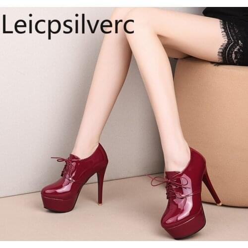 Womens Boots New winter fashion Round head Lace-up High heel Ankle boots Womens shoes plus size 34-45 Heel Height 10cm black