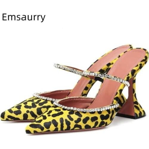 Sexy Leopard Horsehair Runway Sandals Women High Goblet Heel Point Toe Jeweled Rhinestone High Heel Mules Woman
