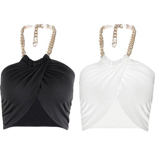 Women Sexy Metal Chain Halter Crop Top Sleeveless Ruched Cross Wrapped Chest Camisole Solid Color Slim Vest Clubwear