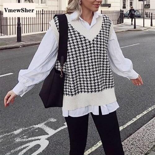 VmewSher Plaid Knitted Sweater Vest Women 2020 Oversized Pullover Vintage Sleeveless V-Neck Korean Female Waistcoat Jumper Tops