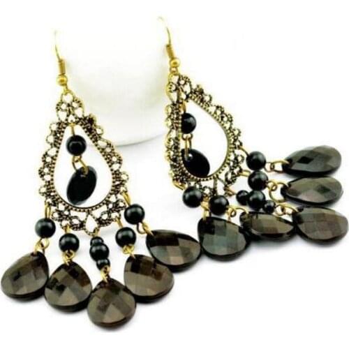 2018 Fashion Bronze Water Drops shape earring Fashion Geometric Fringe Retro Black Beads Female charm Pendant Earrings