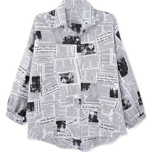 Fashion Loose Print Shirt Women Clothing Letter Newspaper Pattern Turn Down Collar Womans Tops Blouse Long Sleeve Streetwear