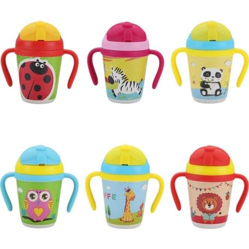 300ml 6 Styles Creative Water Bottle with Slide Cover Cartoon Design Bamboo Fiber Kids Straw Feeding Bottle for Outdoor