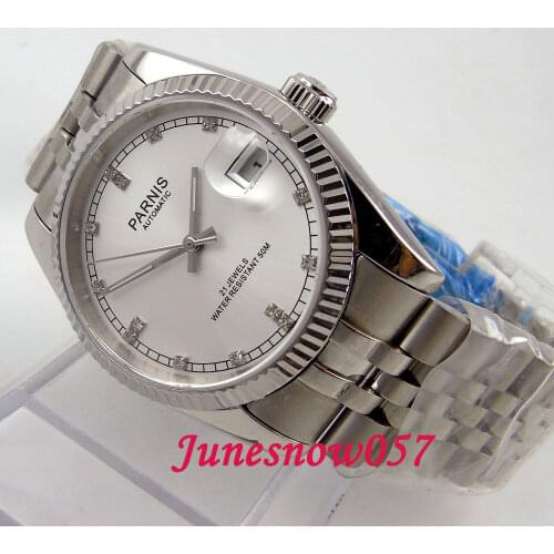 Parnis 36mm Miyota 821A Automatic Mens watches women sapphire glass White dial Diamond-like marks Luminous SS bracelet 599