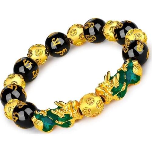 Feng Shui Obsidian Bead Bracelet Mens Womens Unisex Wristband Gold Pixiu Wealth Fortune Womens Bracelet Jewelry