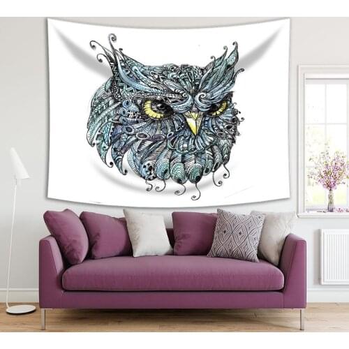 Tapestry Owl Head Drawing Feathers Eyes Forest Inhabitant Wildlife Birds Nature Theme Blue Black Yellow