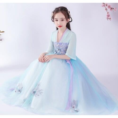 Chinese Traditional Folk Dance Dress Girls Fairy Embroidery Skirt Hanfu Girls Princess Dresses Set Kids Party Cosplay Clothing