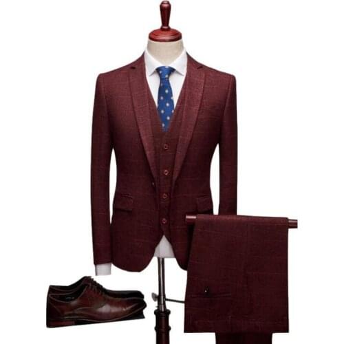 Classic Mens Plaid Trousers Suits Regular Fit 3 Piece Business Tuxedos Wedding Grooms Blazer Vest Pants