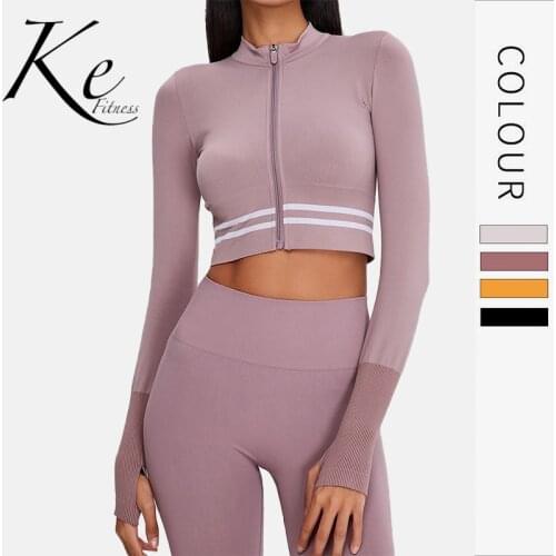 KE seamless knitted skin-friendly high elasticity thin skinny striped zipper short running fitness yoga long sleeve jacket women