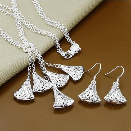 Wholesale Jewelry Sets 925 Sterling Silver Hollow Heart Necklace Earrings Set Women Female Fine Jewelry