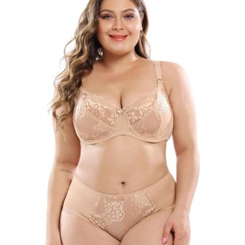 Plus Size Female Lingeries Floral Lace Women Bra Set Full Cup Unlined Bra Ultra Thin Panty 6 Colors 36-48 C D DD E F