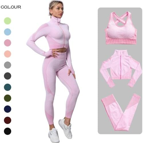 Short Bar Seamless Women Yoga Set Workout Sportswear Gym Clothing Fitness Long Sleeve Crop Top High Waist Leggings Sports Suits