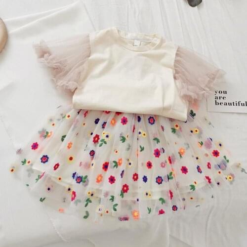 2020 Summer Girls' Clothing Sets Lace Flying Sleeves Jacket+Embroidered Mesh Skirt 2Pcs Suit Princess Baby Kids Children Clothes